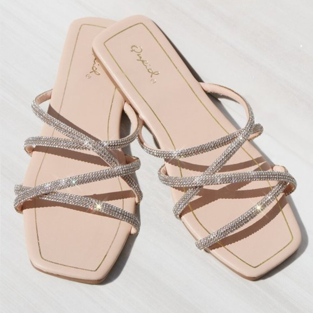 NEW Glam Sparkly Bling Rhinestone Strap Strappy Slip On Slides Flat Cute Sandals